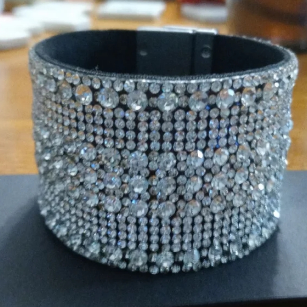 Bebe wide crystal and rhinestone flexible bracelet